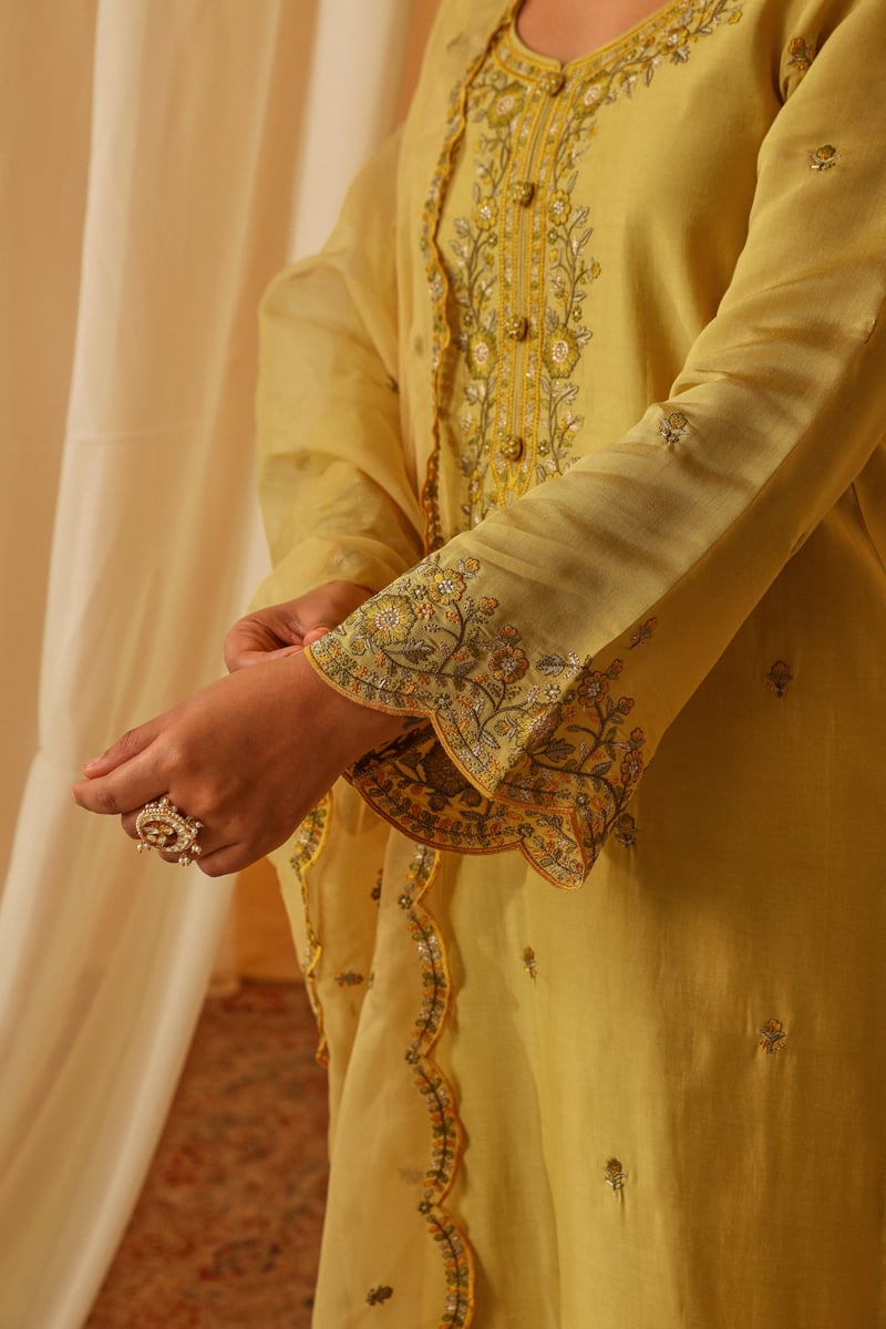 Yellow Chanderi Embroidered Kurta Pant Set with Dupatta