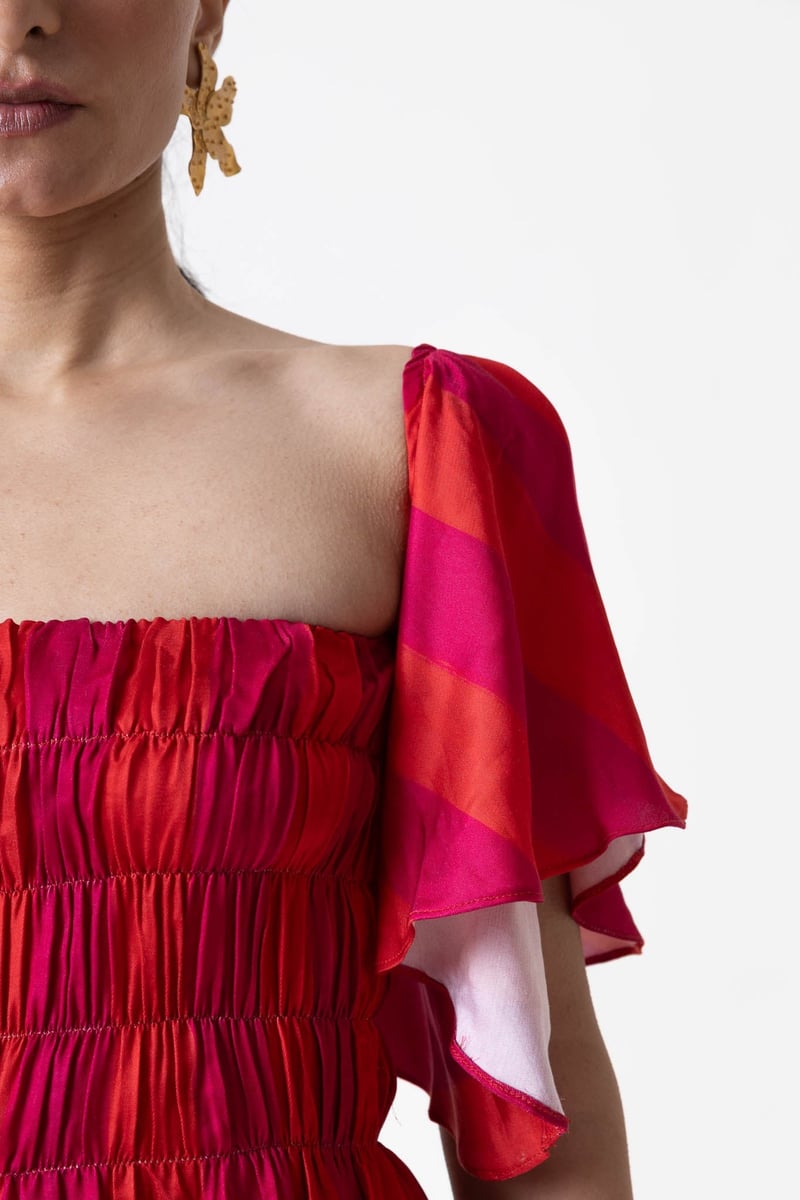 Pink Orange Striped Smocked Fit and Flare Midi Dress