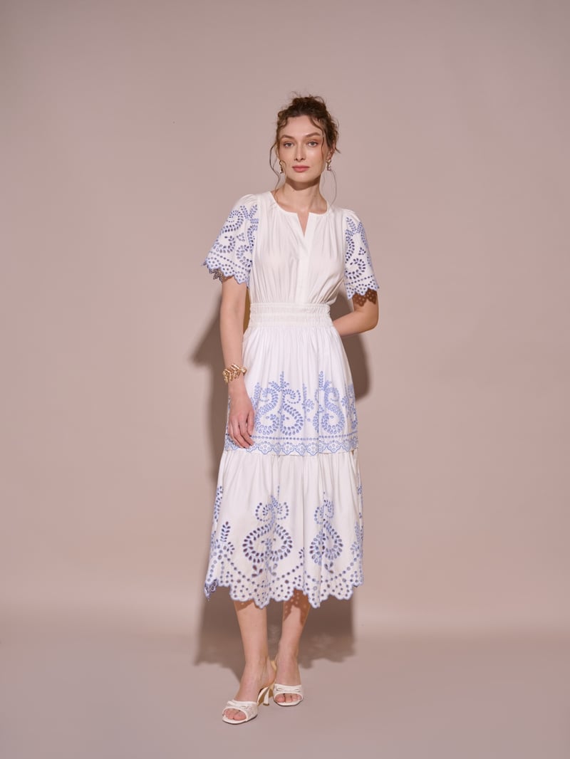 White and Blue Cutwork Tiered Cotton Midi Dress