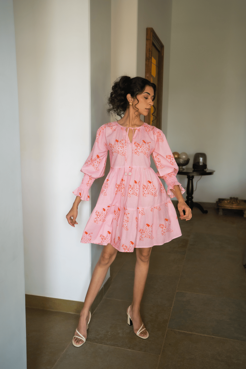 Pastel Pink Printed Tiered Mini Dress with Smocked Sleeves