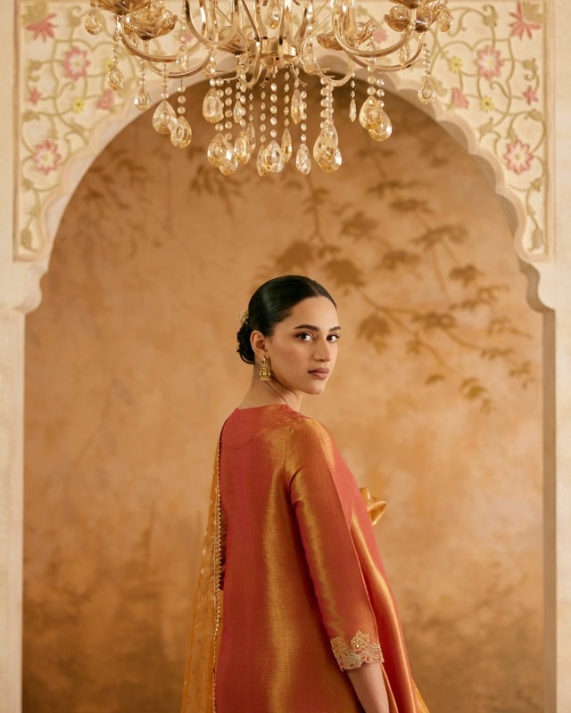 Rosy Zari Chevron Tissue Angrakha Kurta Set with Pants