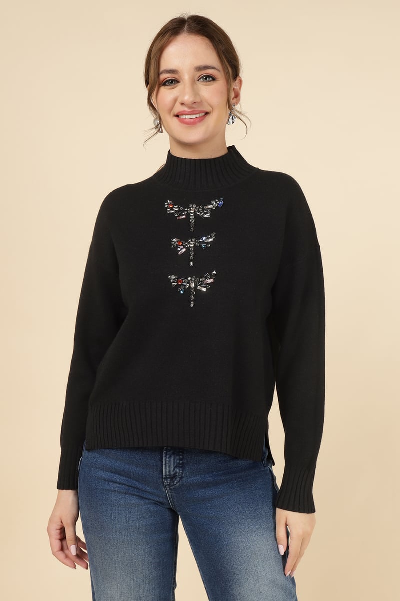 Black High Neck Crystal Embellished Pullover Sweater