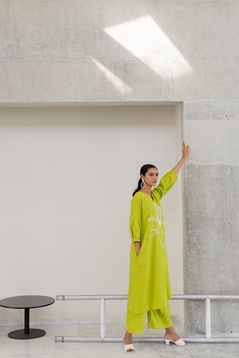 Green A-Line Kurta with White Floral Embroidery