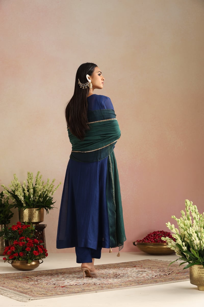 Royal Blue Silk Chanderi Embroidered Kurta Set