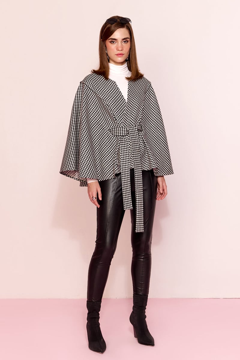 Black/White Herringbone Tweed Belted Cape