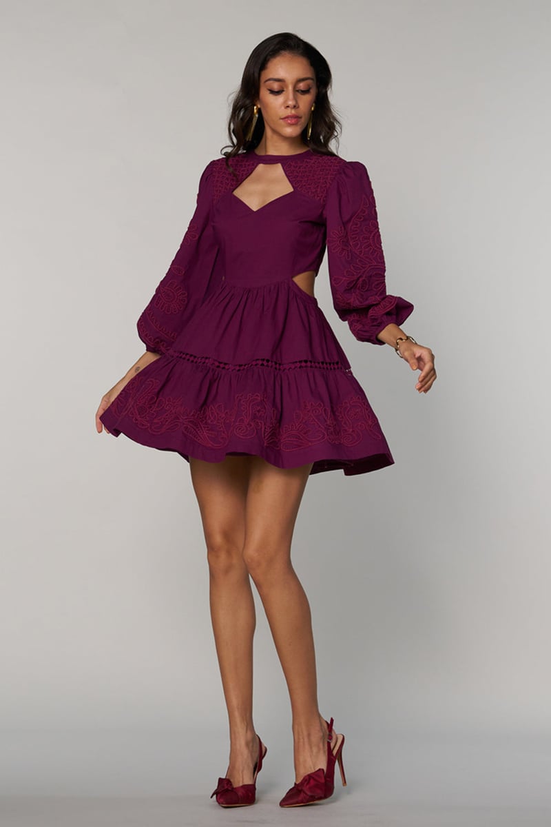 Purple Embroidered Keyhole Neck Tiered Mini Dress