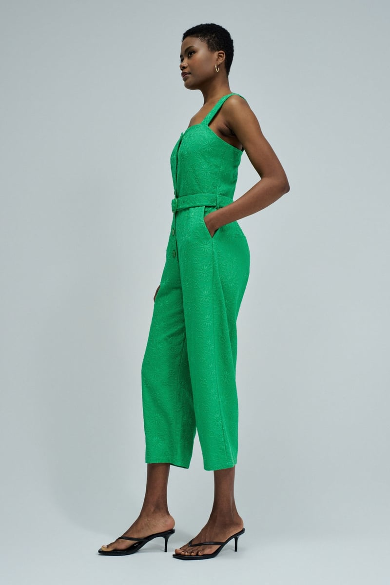 Medium Green Embroidered Belted Cropped Jumpsuit