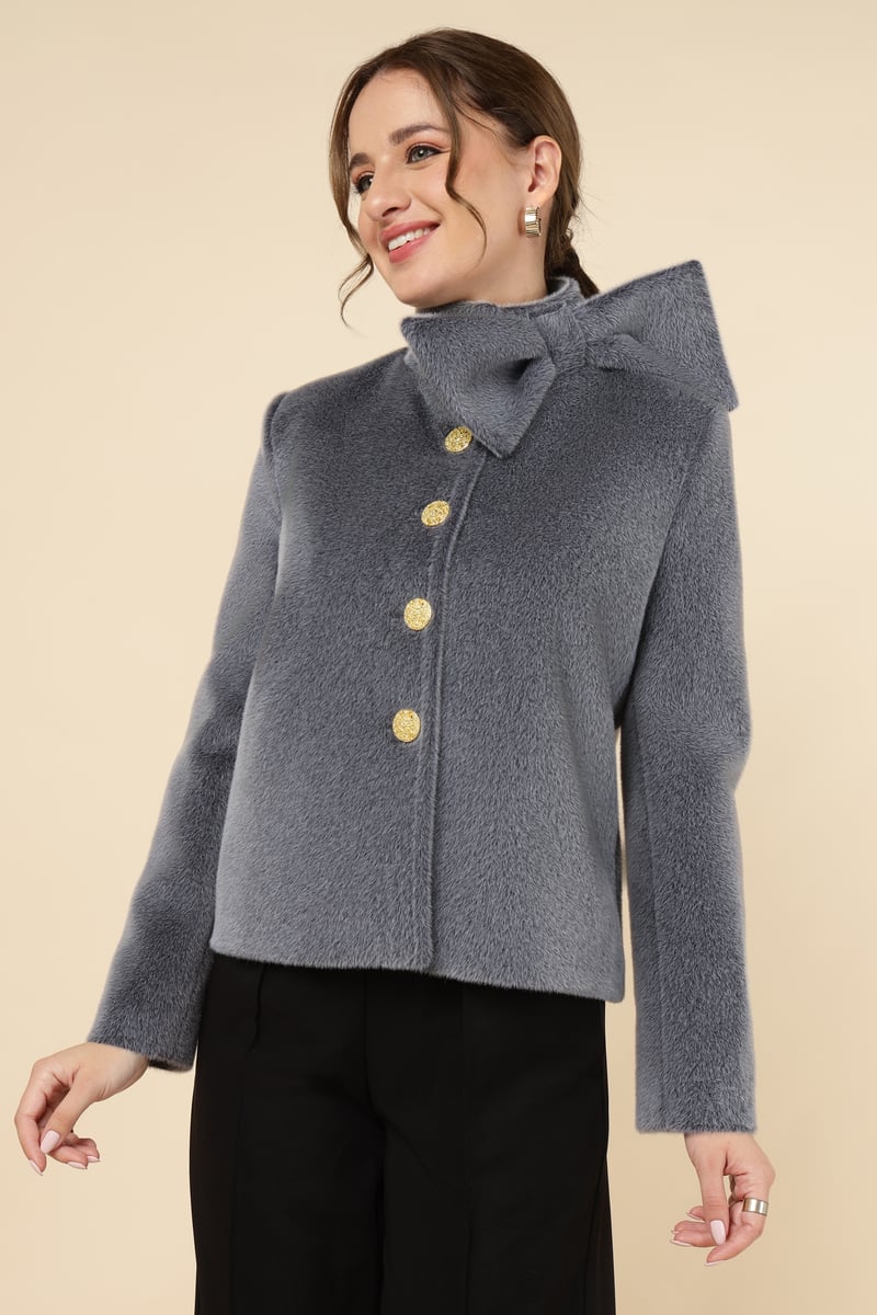 Grey Plush Bow-Collar Button-Front Jacket