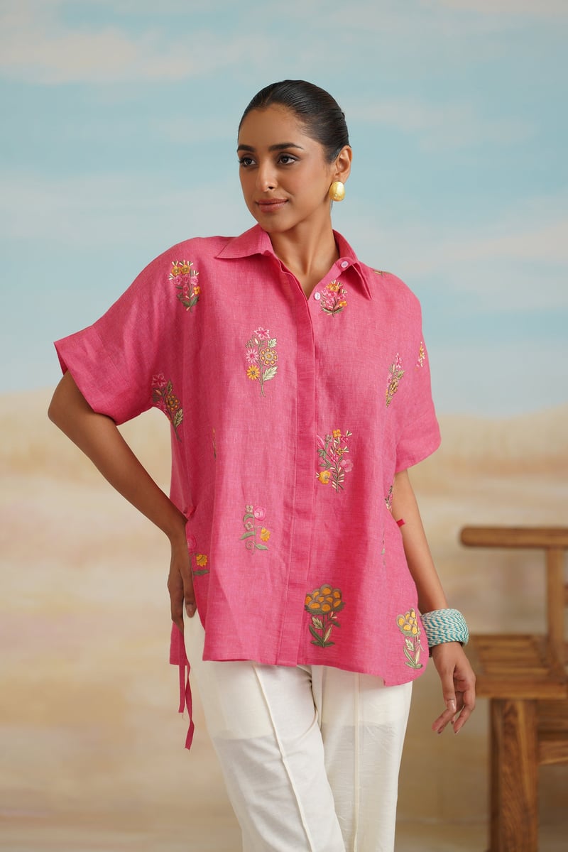 Brick Linen Embroidered Shirt and Cream Pants Co-ord Set