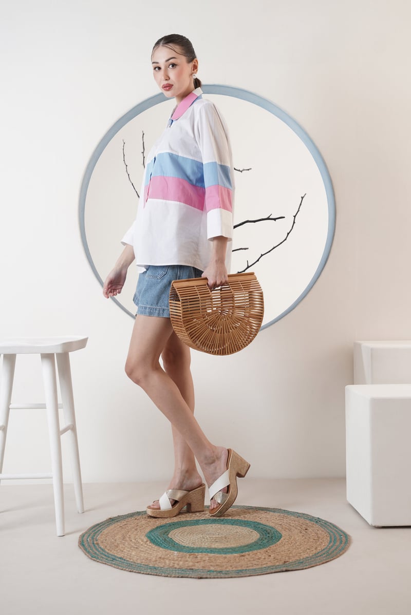 White Colourblock Button-Down Shirt with 3/4 Sleeves