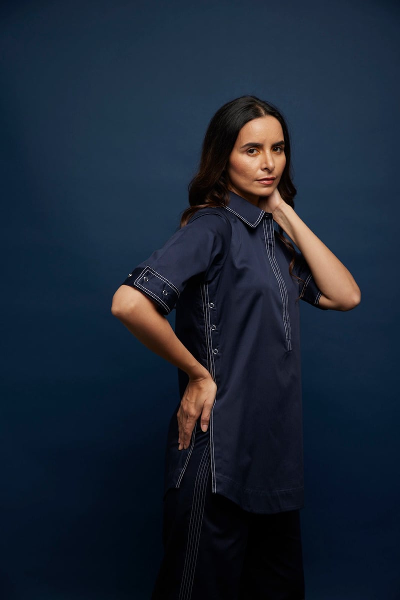 Navy Blue Cotton Satin Side-Open Co-ord Set