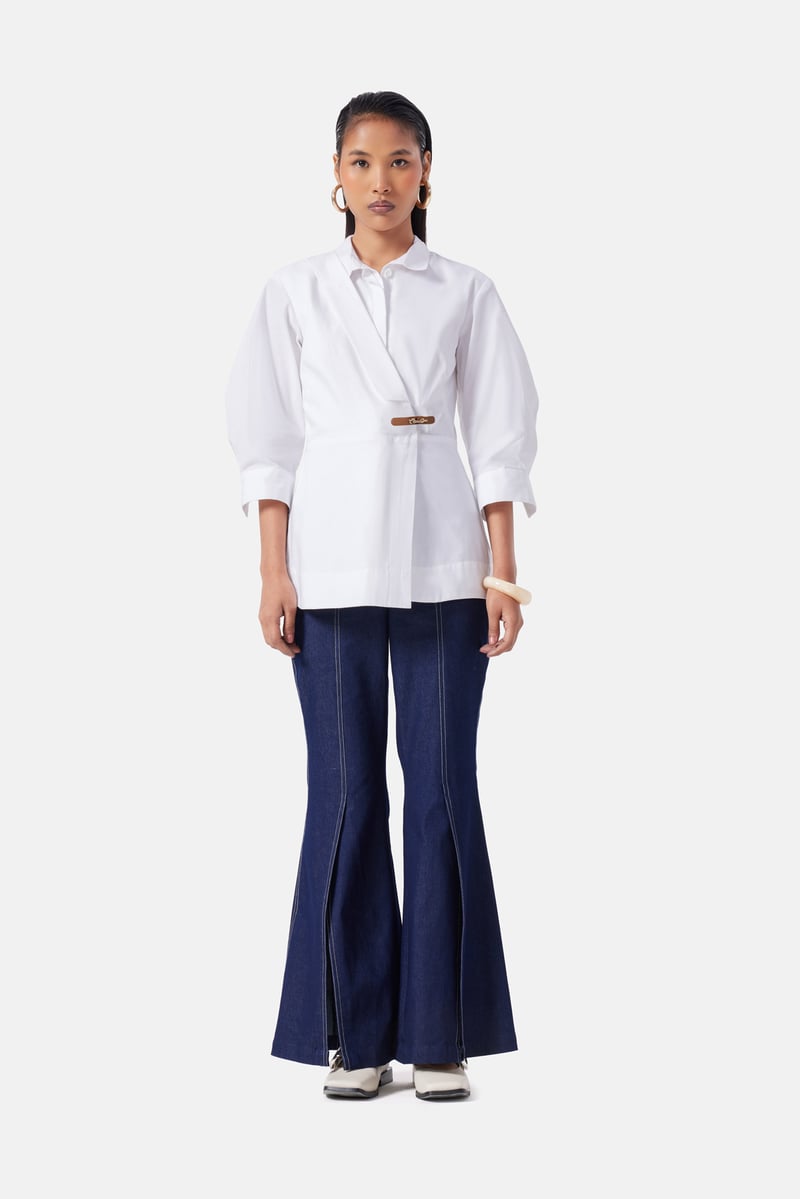 White Cotton Twill Longline Wrap-Detail Shirt