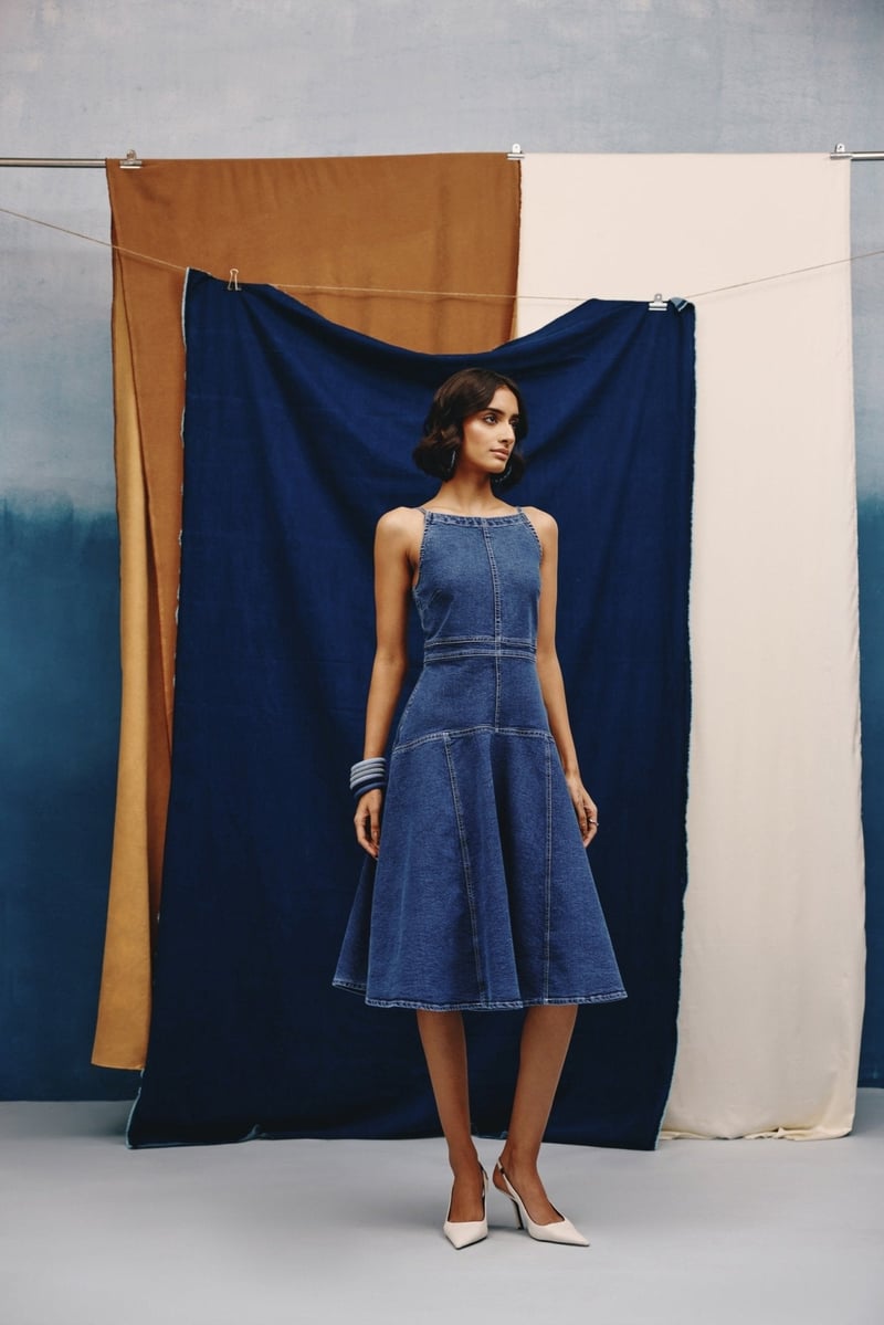 Mid Blue Denim Halter Neck Fit and Flare Midi Dress
