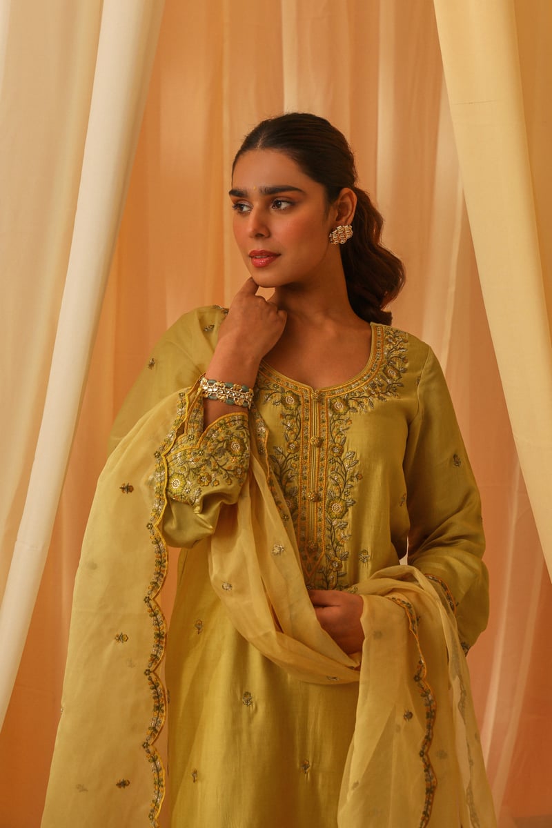 Yellow Chanderi Embroidered Kurta Pant Set with Dupatta