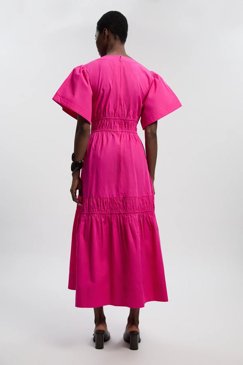 Hot Pink Tiered Maxi Dress with V-Neck