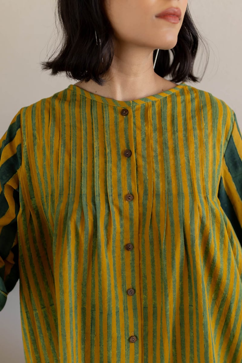 Moss Leaf Striped Cotton Tunic and Pant Co-ord Set