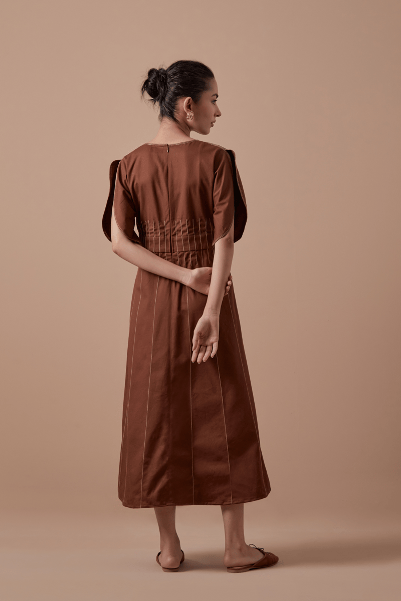 Brown Organic Cotton Twill A-Line Midi Dress