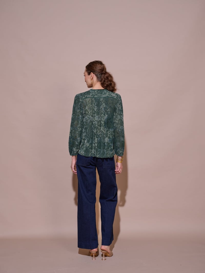 Green Burnt Velvet Lace-Up Yoke Flowy Top