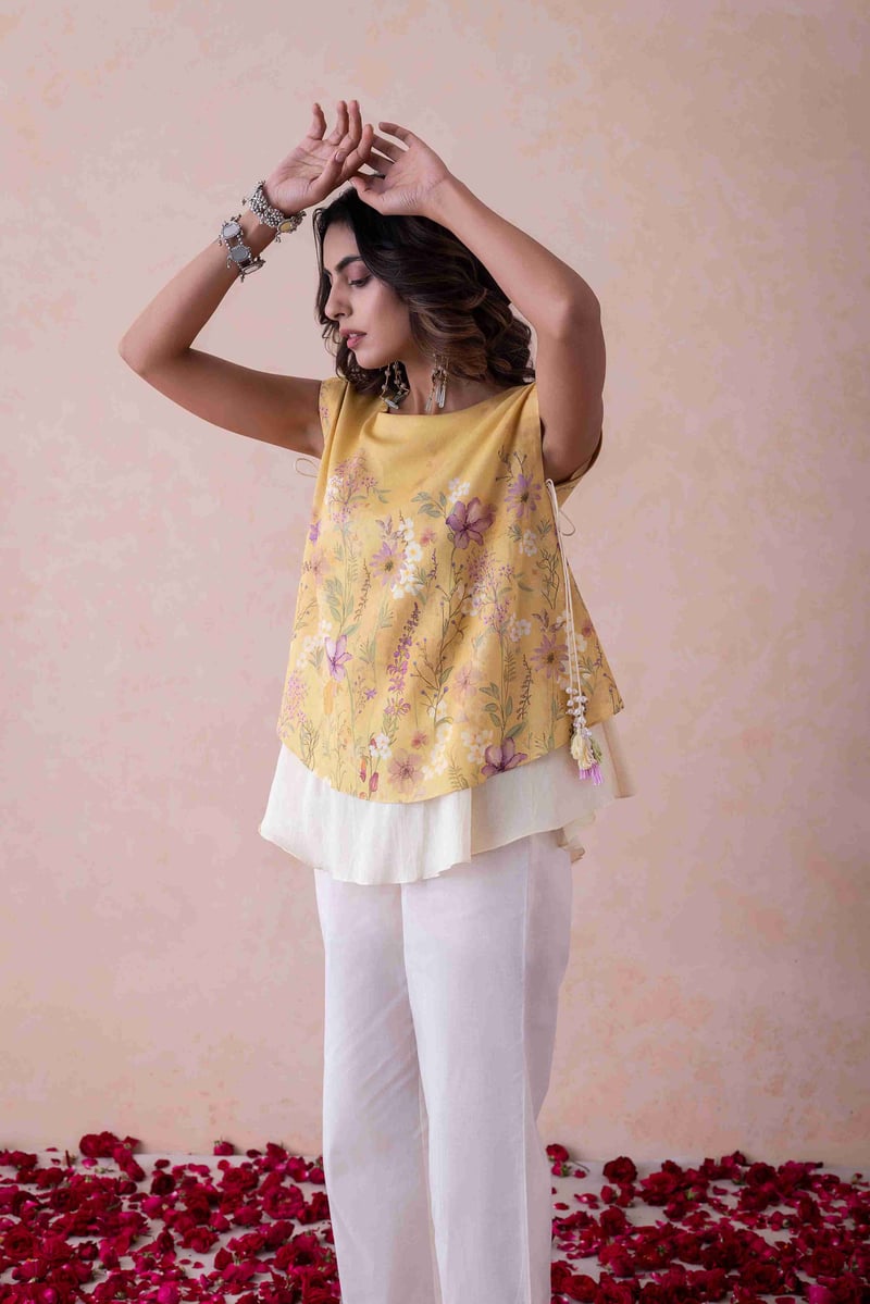 Yellow Floral Printed Sleeveless A-Line Top