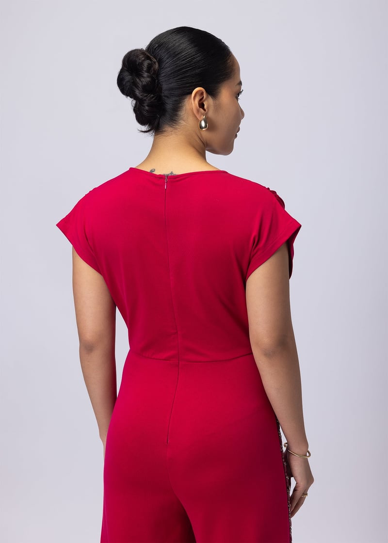Raspberry Pink V-Neck Wide-Leg Jumpsuit with Rhinestones