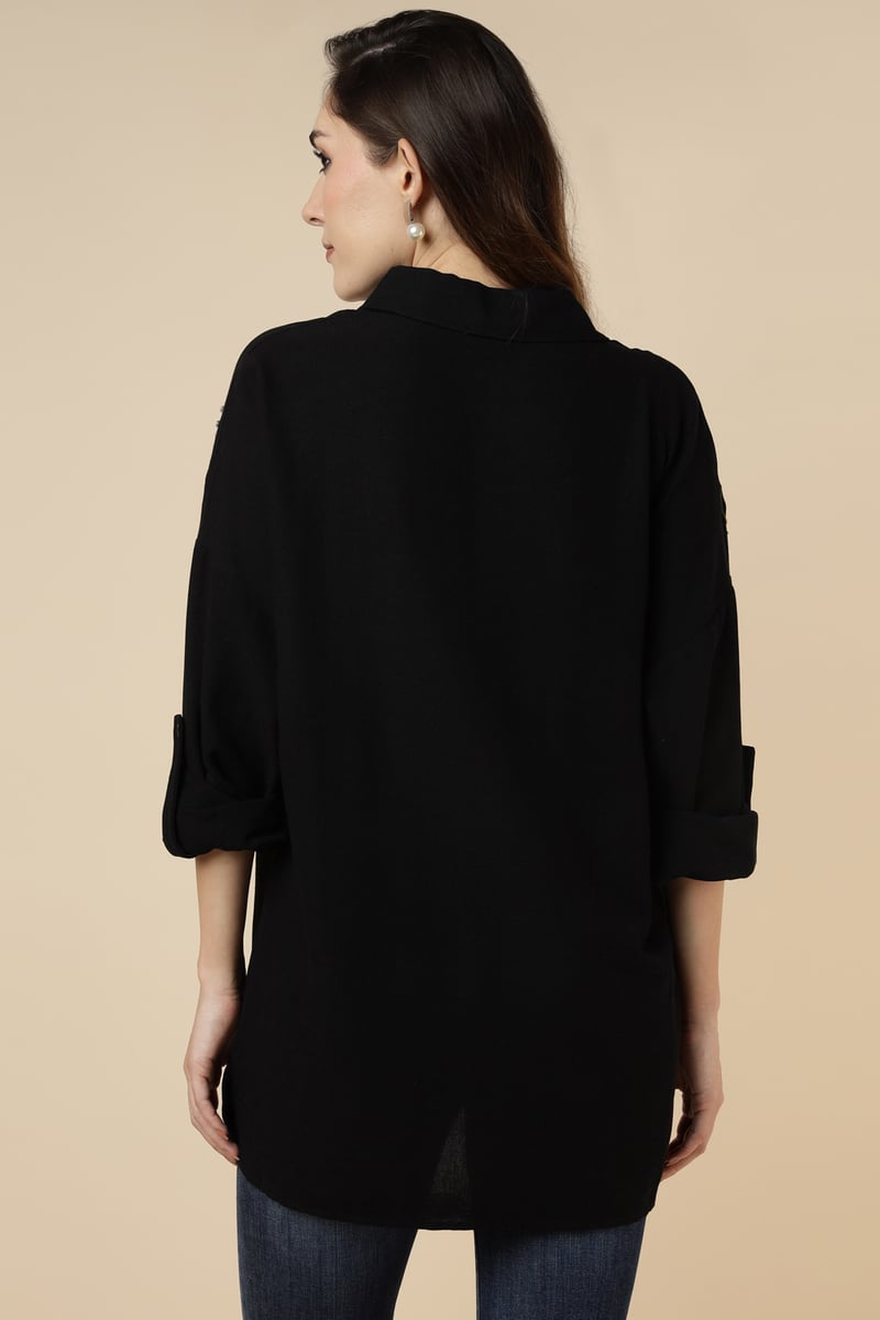 Black Button-Down Shirt with Floral Shoulder Embroidery