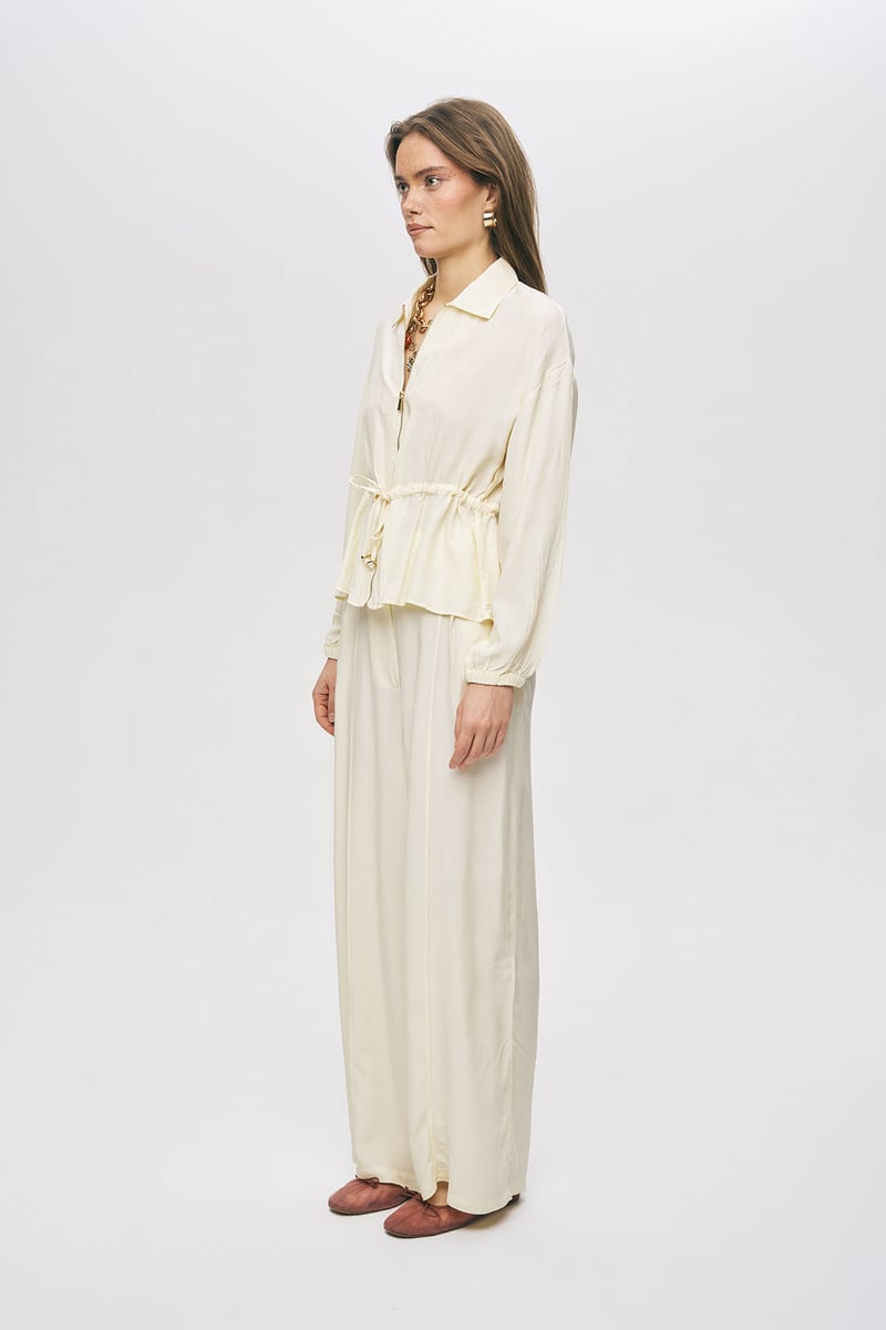 Cream Collared Zip-Front Drawstring Waist Top