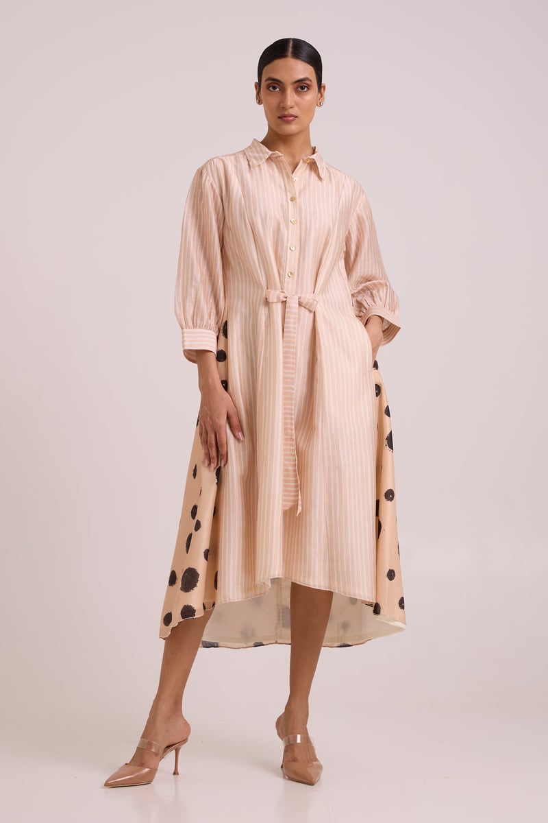 Almond Mixed-Print Midi Shirt Dress with Tie Belt