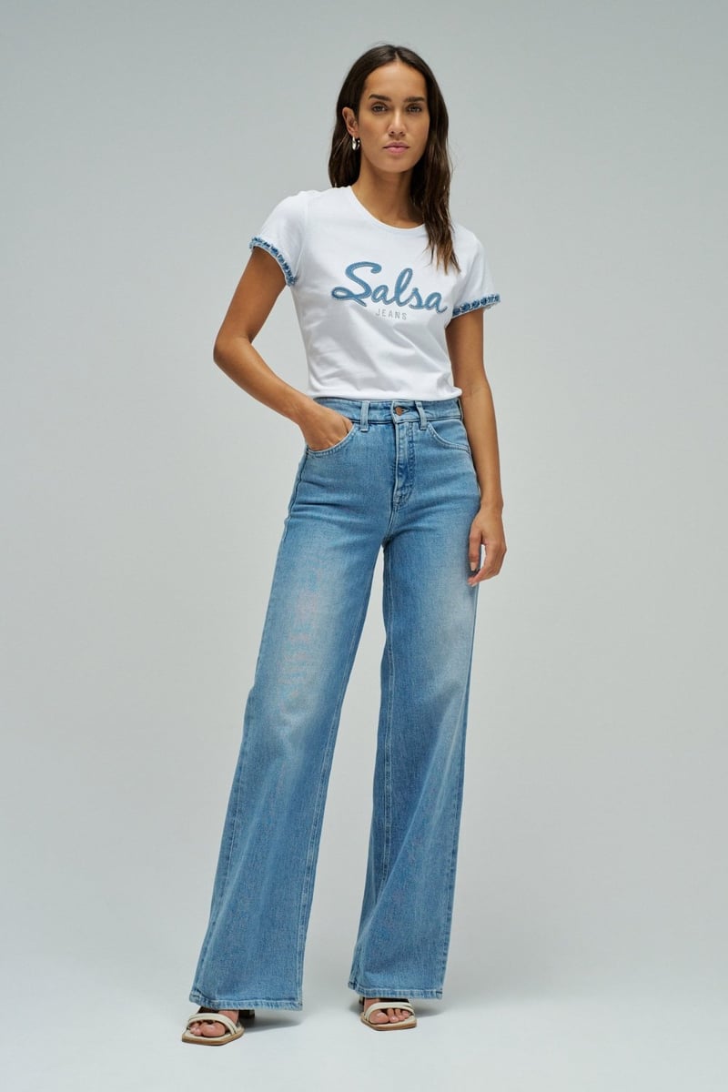 White Crew Neck Graphic T-Shirt with Sleeve Trim
