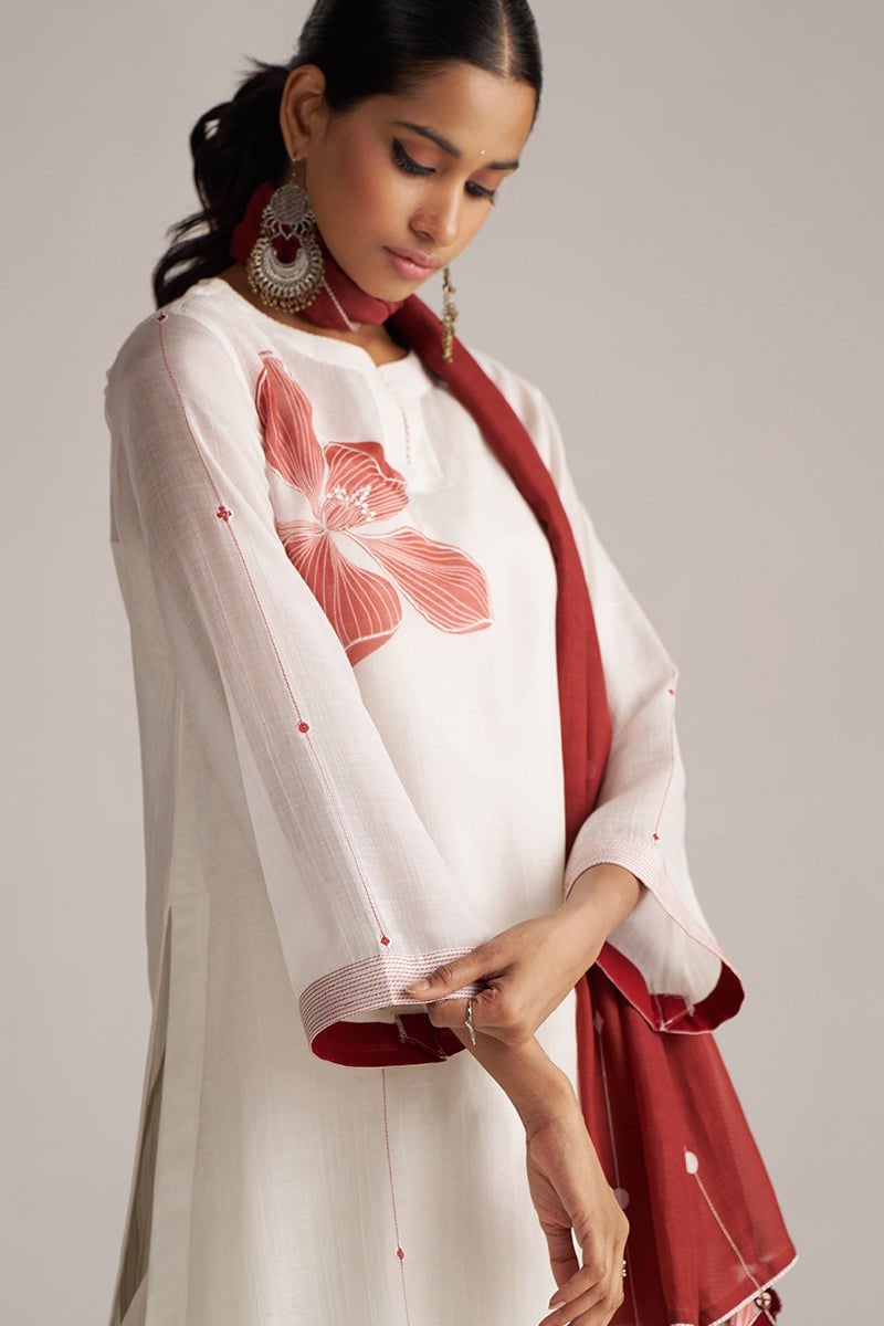 Ivory and Maroon Printed Chanderi Kurta Set with Stole