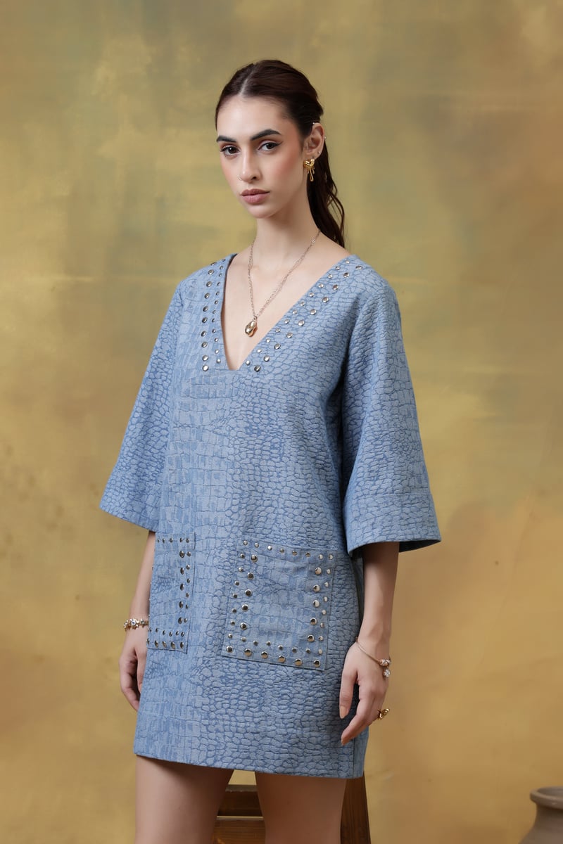 Medium Blue Textured Denim Mini Dress with Rivet Details