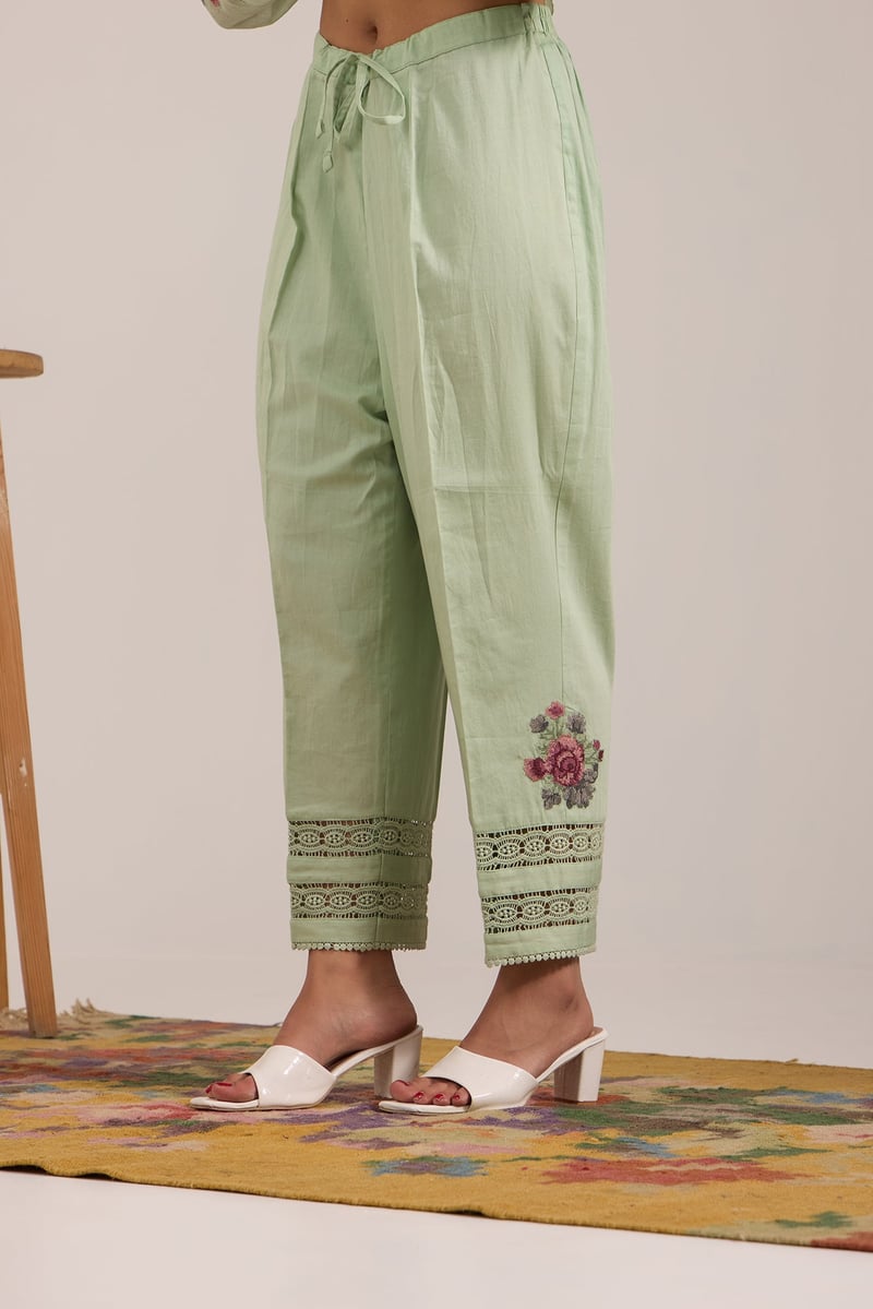 Sea Green Mul Chanderi Lace Yoke Tunic Pant Co-ord Set