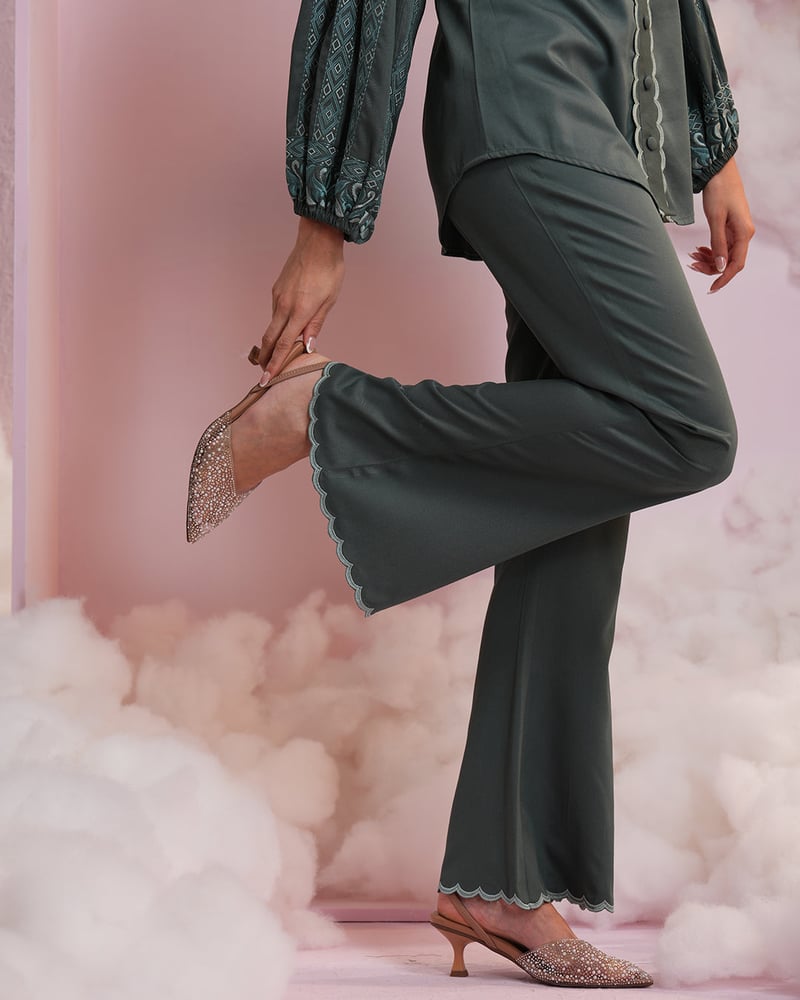 Bottle Green Embroidered Shirt and Flared Pants Co-ord Set