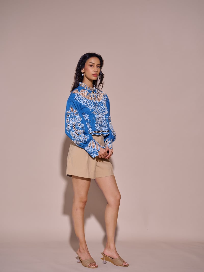 Blue Cotton Cutwork Embroidered Crop Top
