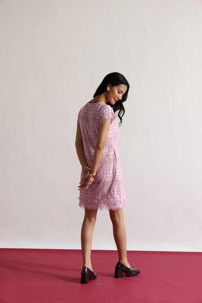 Blush Pink Lace Shift Dress with Scalloped Hem