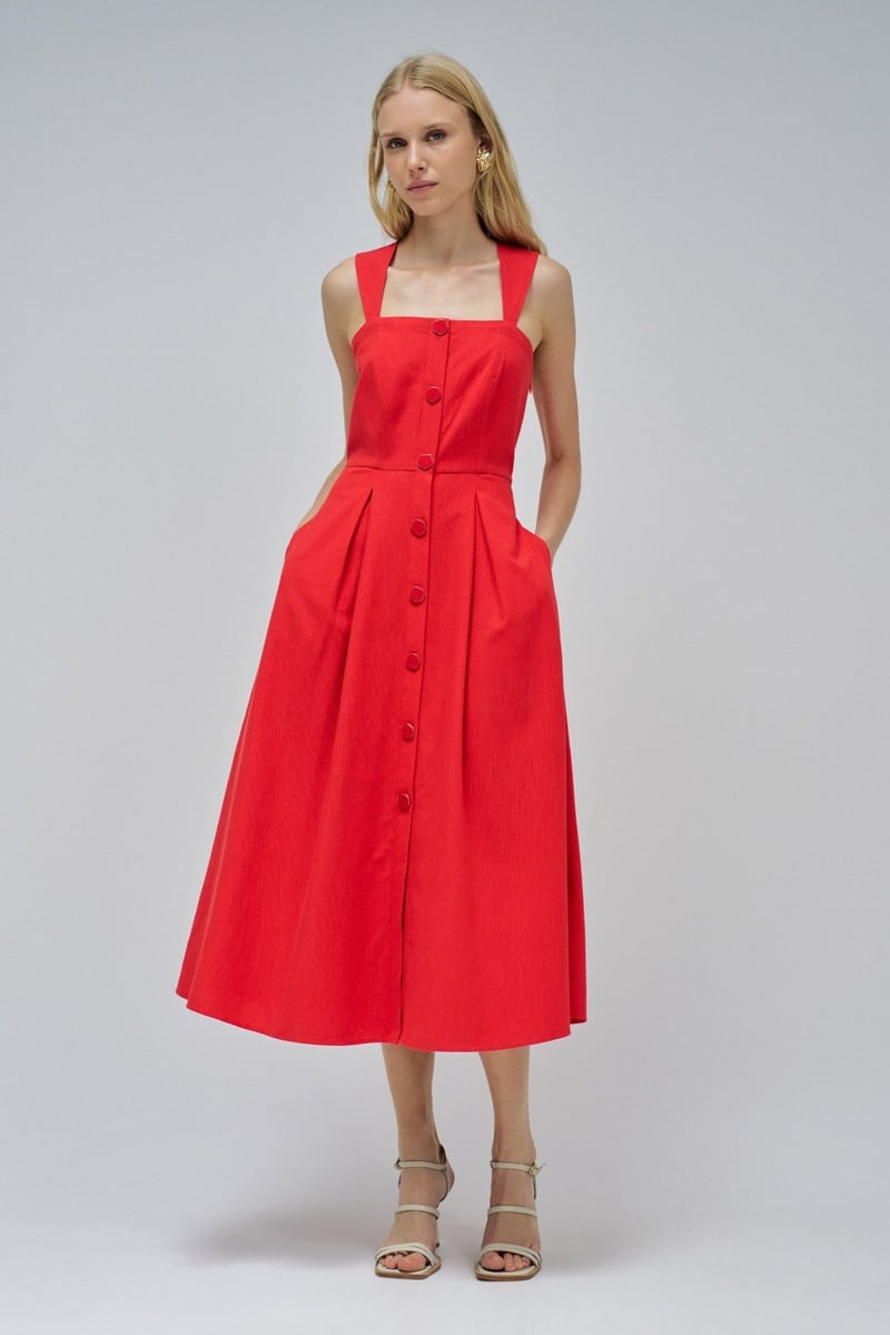 Red Fit and Flare Midi Dress with Button Front