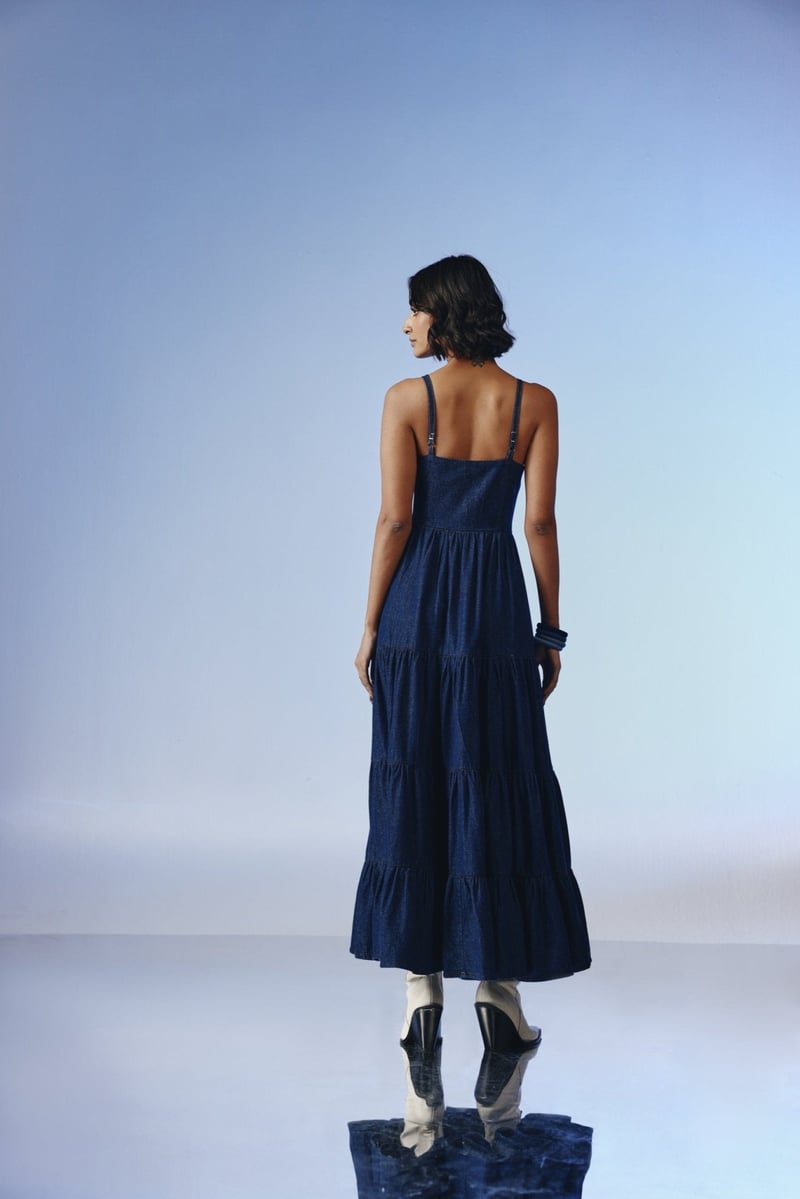 Deep Indigo Tiered Denim Maxi Dress