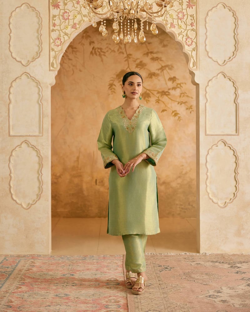 Aqua Chevron Tissue Straight Kurta Set with Narrow Pants