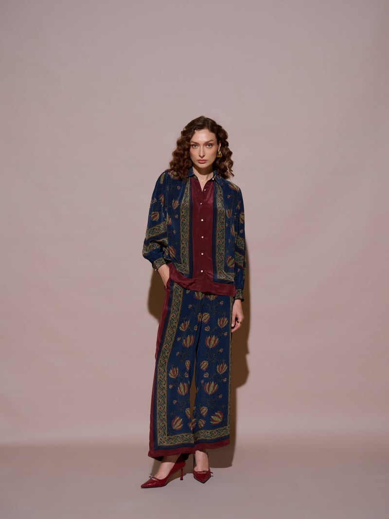 Blue Floral Placement Print Wide-Leg Trousers