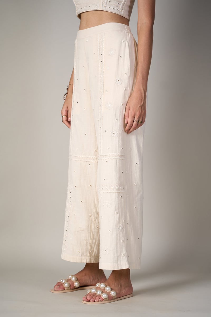 White High-Waist Wide-Leg Mirror Work Pants