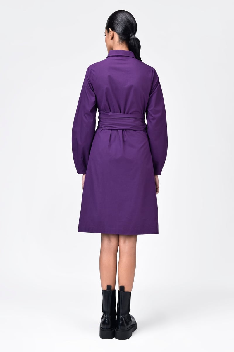 Amethyst A-Line Collared Wrap Dress with Tie-Up Waist