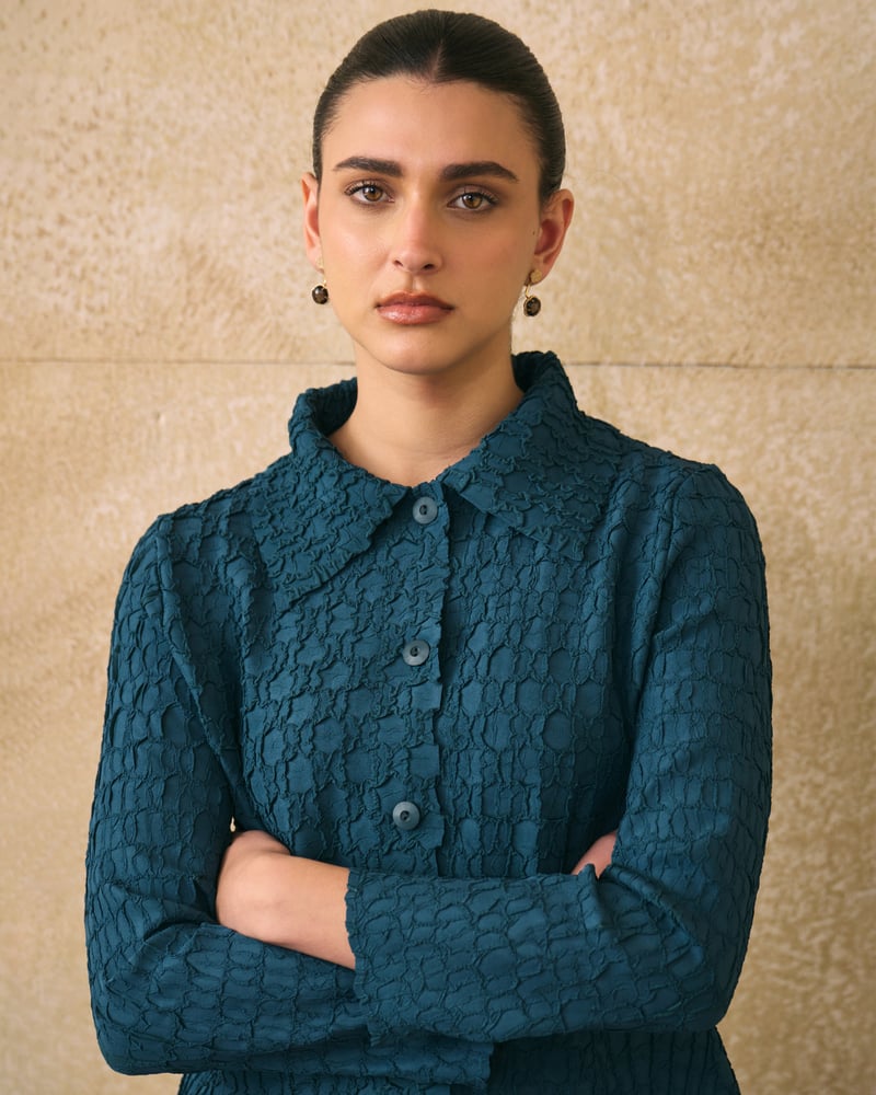 Blue Textured Button-Down Shirt with Collar
