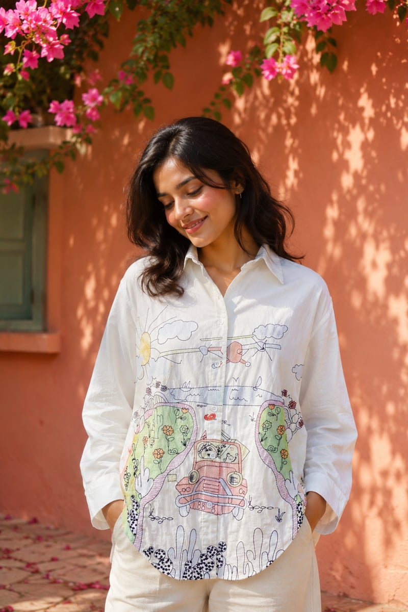 White Scenic Print Relaxed-Fit Shirt