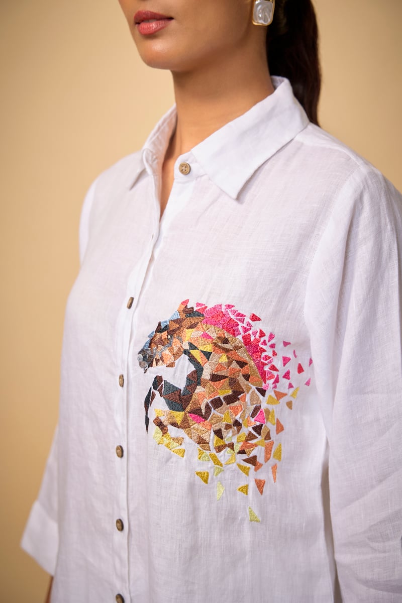 White Linen Relaxed-Fit Shirt with Chest Embroidery