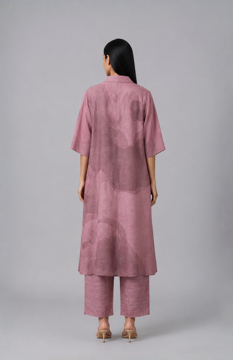 Almond Pink Printed Korean Linen Kurta Set with Pants