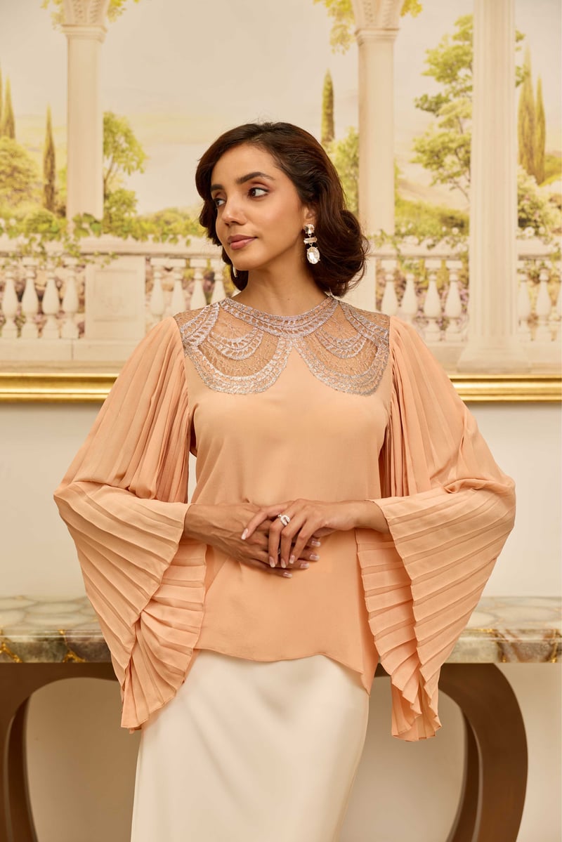 Grace Salmon Peach And Silver French Lace Crepe Top