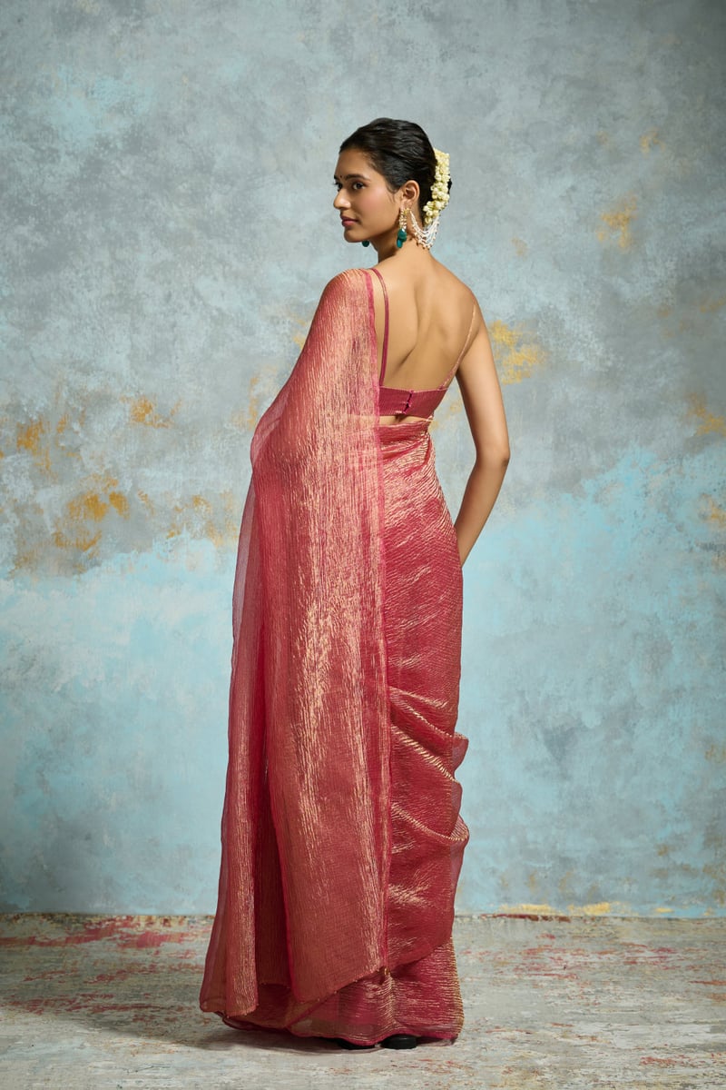 Deep Pink Gold Zari Crinkle Tissue Saree