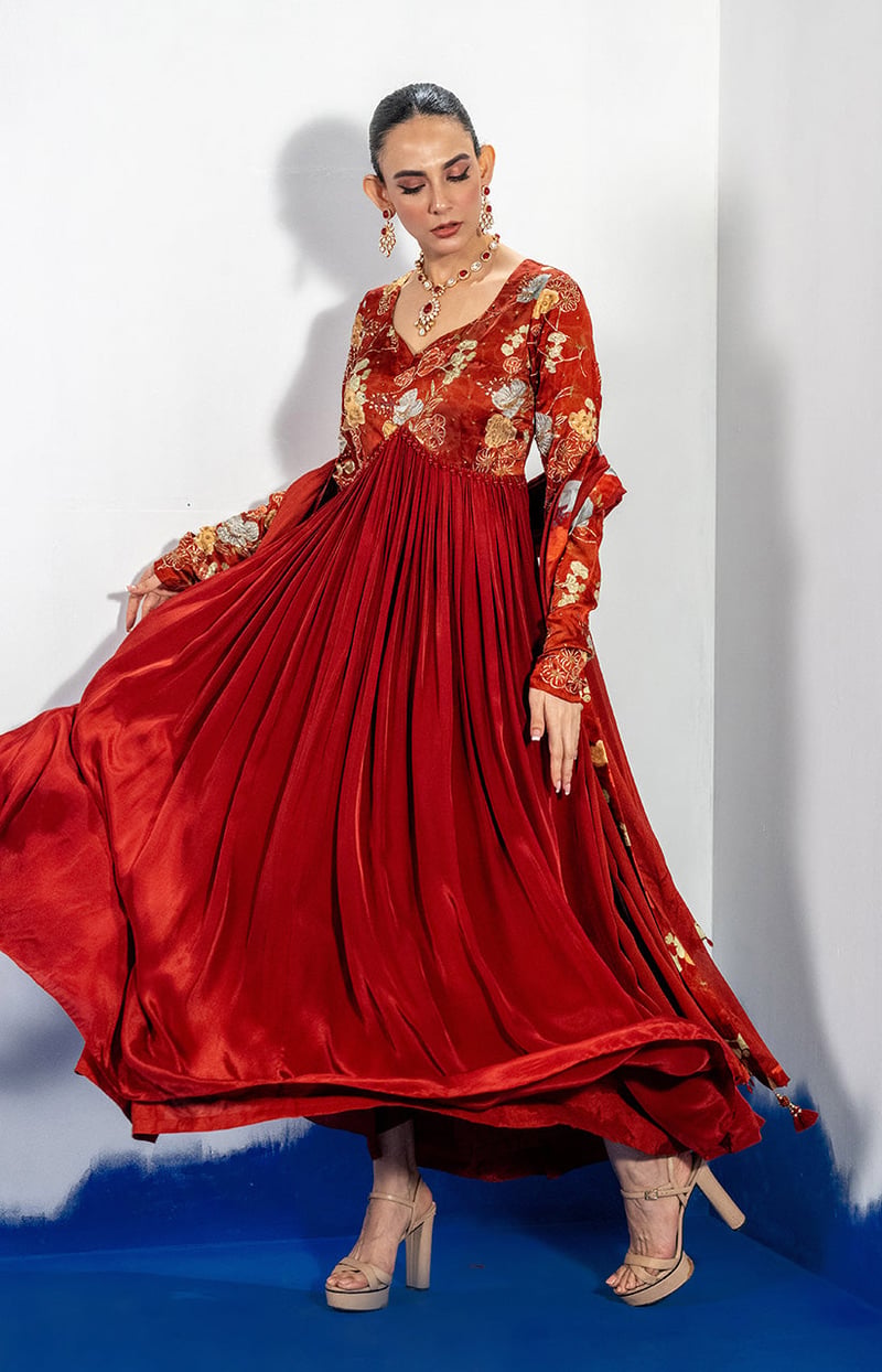 Maroon Embroidered Anarkali Kurta Set with Dupatta