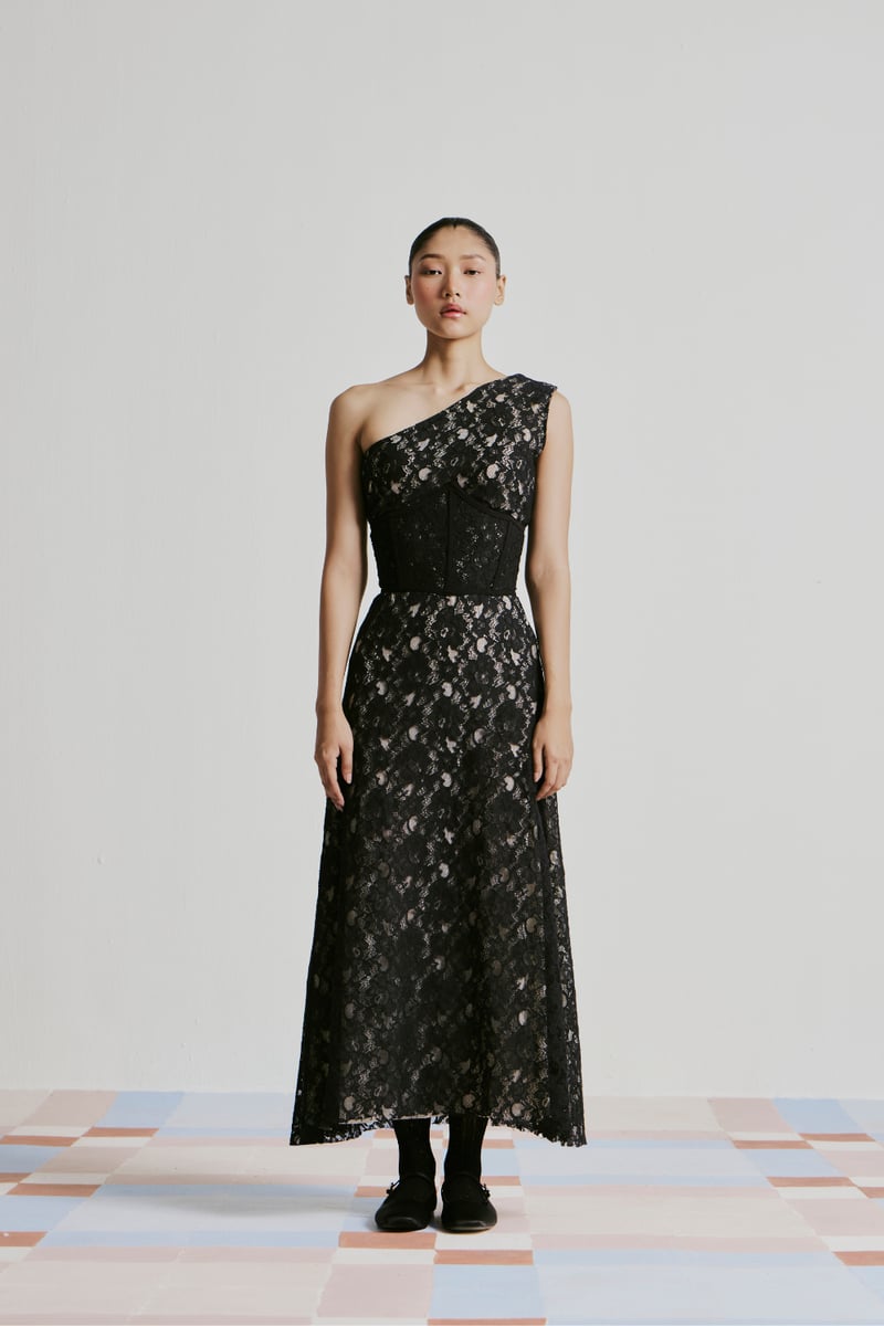 Black One-Shoulder Lace Maxi Dress with Corset Waist — ETE CLOTHINGS