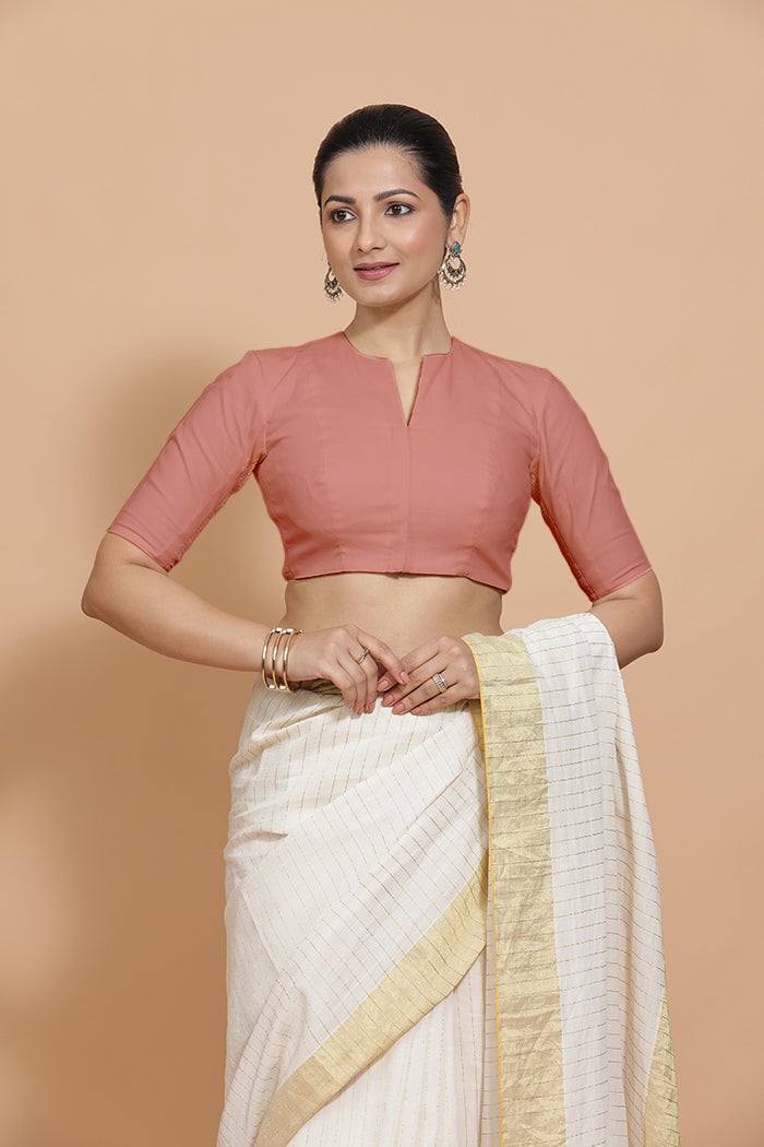 Soft Peach Cotton Round Neck Elbow Sleeve Saree Blouse