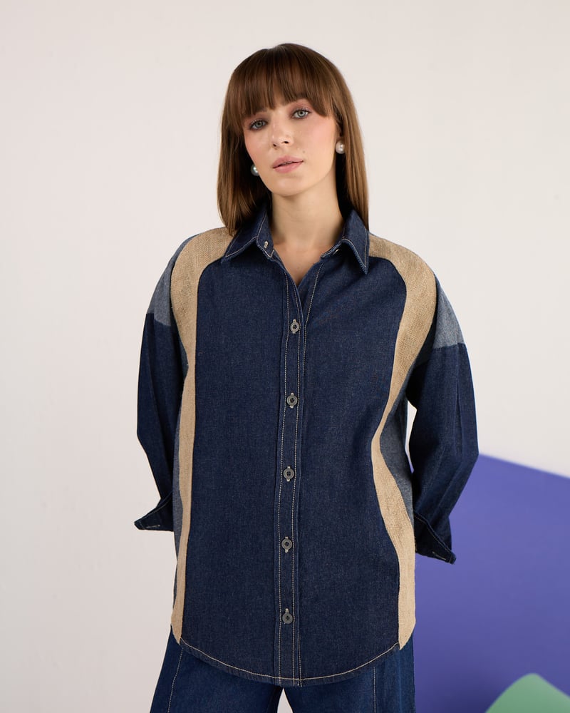 Blue Colorblocked Denim and Jute Relaxed-Fit Shirt